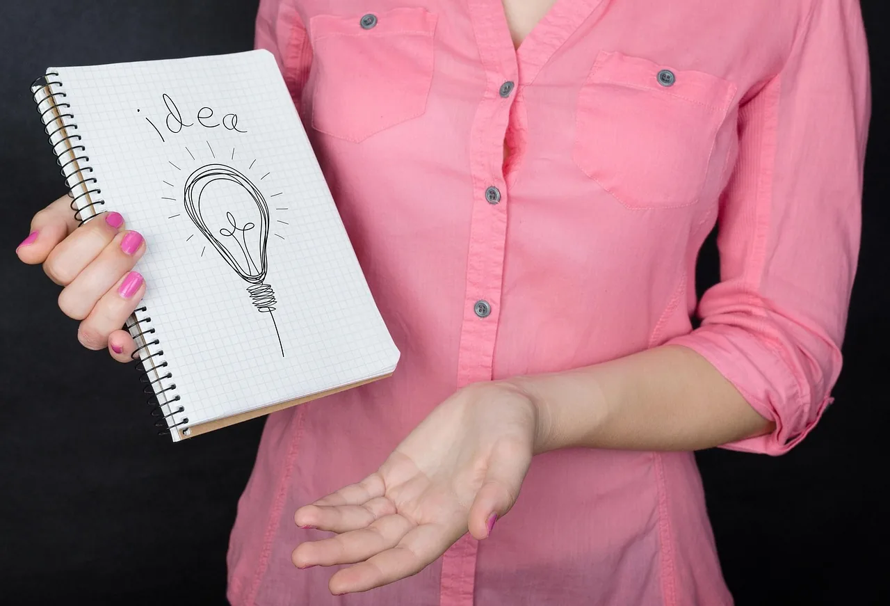 Person mit einem Notizbuch und Ideenskizze