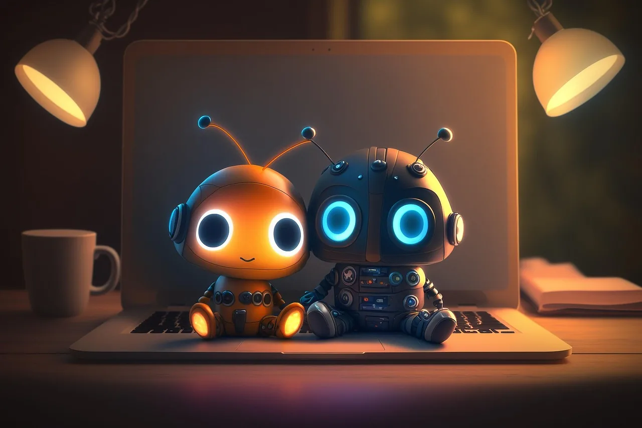 Two cute robots on top of a laptop